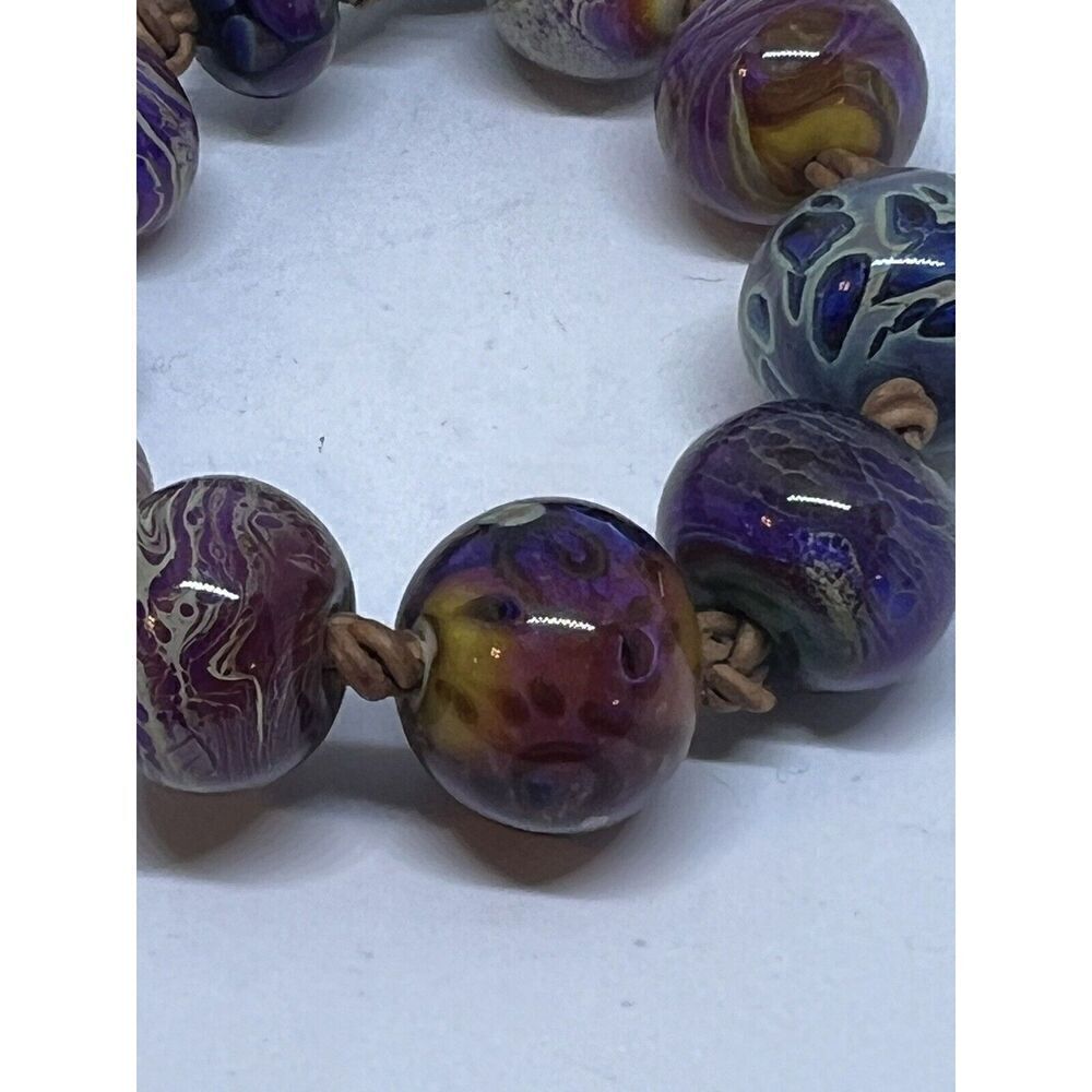Santa Cruz Artist Made Lamp Worked Glass Bead Bracelet 9 3/4" OOAK Blue Purple - Picture 6 of 13